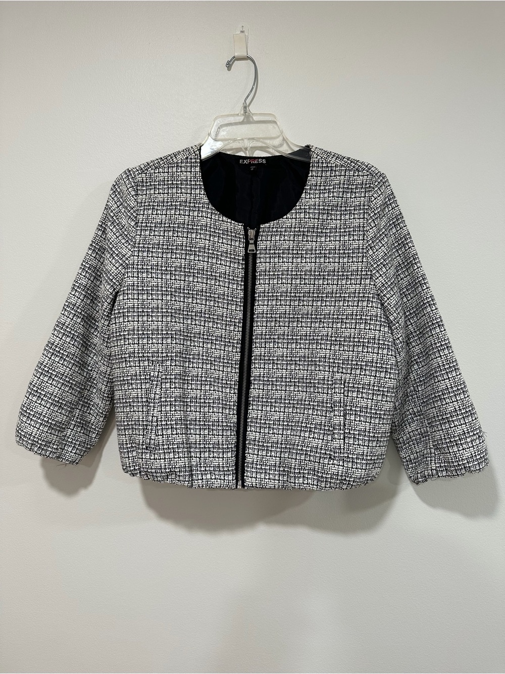 Express Black & White Tweed Zip-Front Cropped Jacket